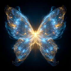 Vibrant Blue and Gold Butterfly with Glowing Wings on Dark Background
