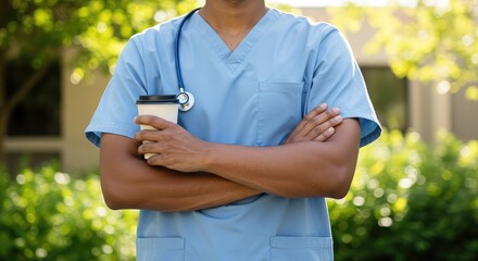 Caring medical professional in blue scrubs holding a coffee cup with arms crossed, radiating calm confidence and readiness for a demanding day.