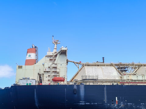 Marsaxlokk MALTA - August 5, 2025 - Detail of tank of Armada LNG Mediterrana (liquefied natural gas)