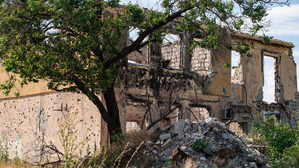 ruined street and destroyed houses in Kiev war in Ukraine