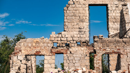 ruined street and destroyed houses in Kiev war in Ukraine