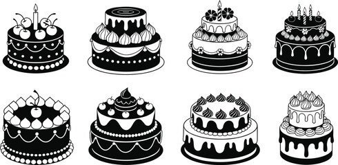 Delicious variety of birthday cakes with candles, cherries, frosting decorations, layered designs, celebration desserts, festive sweet treats, party food illustration.