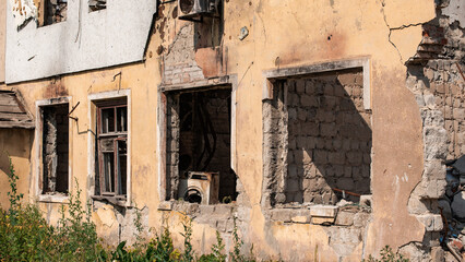 ruined street and destroyed houses in Kiev war in Ukraine