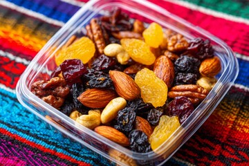 Delicious mixed nuts and dried fruit in transparent container on colorful textile