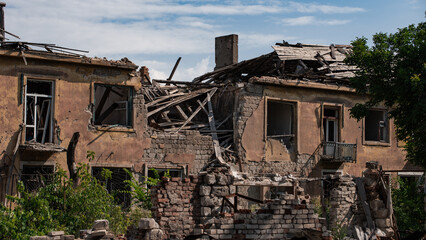 ruined street and destroyed houses in Kiev war in Ukraine