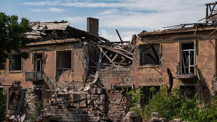 ruined street and destroyed houses in Kiev war in Ukraine