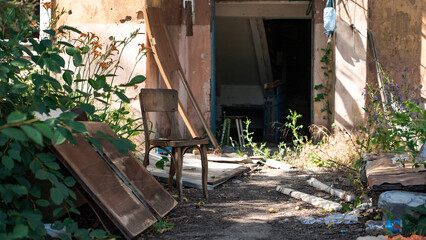 ruined street and destroyed houses in Kiev war in Ukraine