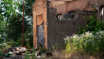 ruined street and destroyed houses in Kiev war in Ukraine