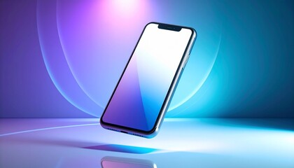Sleek mobile smartphone with a blank white screen levitating against a futuristic, abstract background with glowing blue and purple neon light