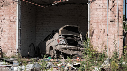 ruined street and destroyed houses in Kiev war in Ukraine