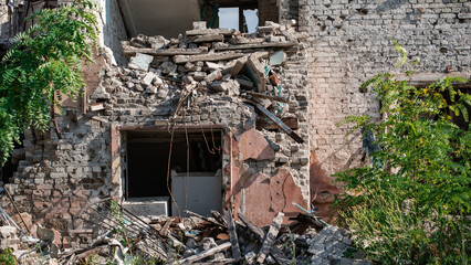 ruined street and destroyed houses in Kiev war in Ukraine