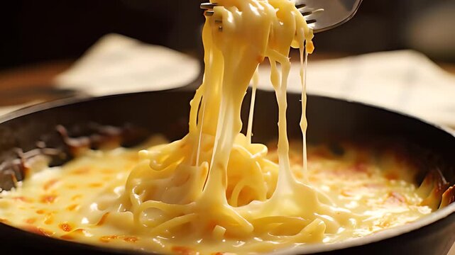 Close-up of a fork spearing a piece of K&auml;sesp&auml;tzle, with long, gooey strings of melted cheese stretching from the hot pan, a delicious German comfort food.