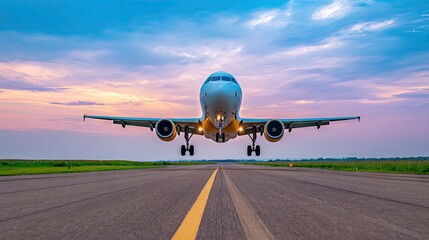 Obraz premium Airplane landing at sunset over an open field with a vibrant sky showcasing hues of orange and purple