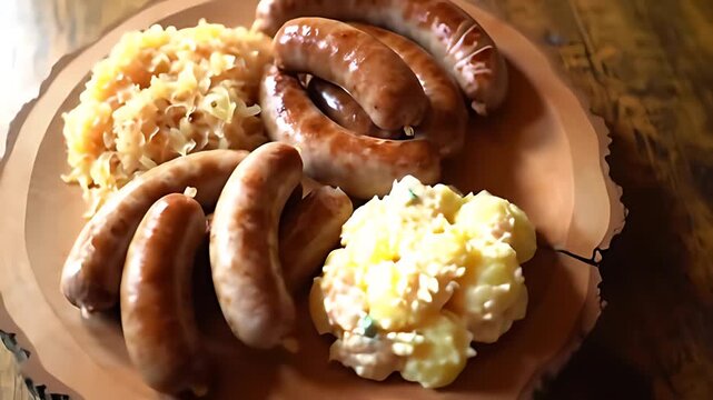 A rustic wooden plate generously laden with authentic Bavarian delicacies, including succulent sausages, tangy sauerkraut, and creamy potato salad, captured from an engaging low-angle perspective.