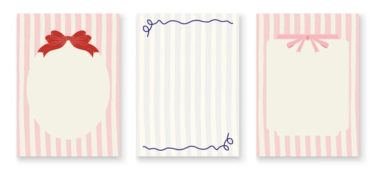 Vector set of holiday frames with bows on a pastel striped background. For invitations, menus, and greeting cards. Blank universal templates for weddings, birthdays, parties, and baby showers.