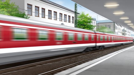 Red subway train approaching platform in urban station during cloudy day with large windows showcasing city view