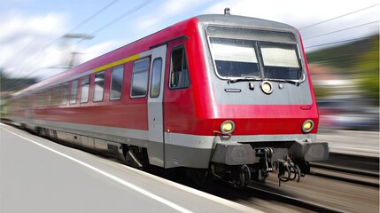 Naklejka premium Red subway train approaching platform in urban station during cloudy day with large windows showcasing city view