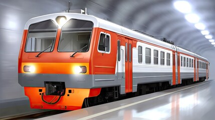 Fototapeta premium Red subway train approaching platform in urban station during cloudy day with large windows showcasing city view