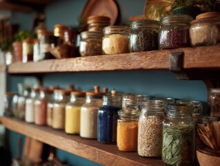 Rustic Pantry Shelves with Glass Jars of Dried Foods
