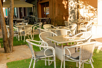 Restaurant coffee shop cafe open air terrace, cityscape Cetinje city Montenegro