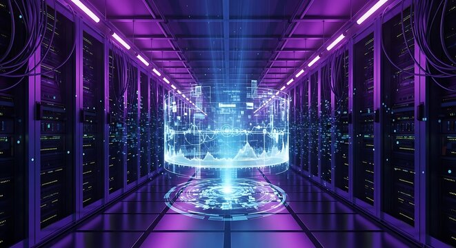 Futuristic Data Center with Quantum Computing Technology and Holographic Display.