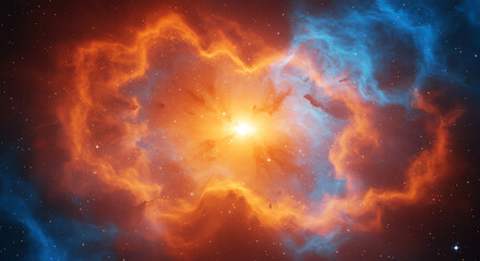 Fiery nebula with bright core and blue accents