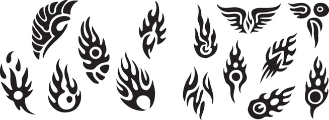 Fototapeta premium Tribal Flame Vector Collection with Abstract Fire and Tattoo Silhouettes
