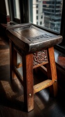 Ornate wooden stool by window