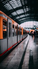 Obraz premium Modern subway train waiting at a clean station platform during daytime with bright overhead lights illuminating the area