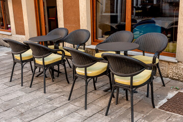 Restaurant coffee shop cafe open air terrace, cityscape Cetinje city Montenegro