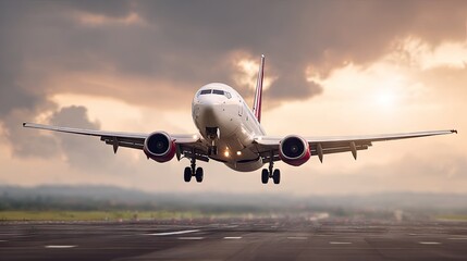 Obraz premium Airplane landing at sunset over an open field with a vibrant sky showcasing hues of orange and purple