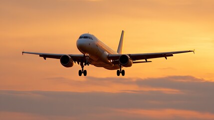 Airplane landing at sunset over an open field with a vibrant sky showcasing hues of orange and purple