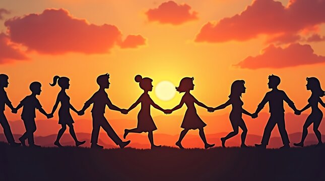 Diverse group of people holding hands in silhouette against a vibrant sunset sky symbolizing unity and community connection
