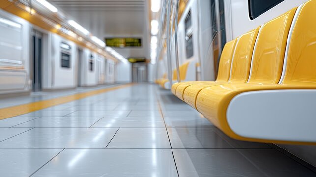Yellow benches in a modern subway station with an empty platform during the early morning hours - Powered by Adobe