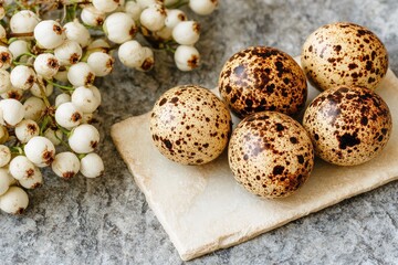 Fototapeta premium Quail eggs on a stone plate, with white berries