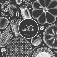 Hand Drawn Vector Autumn Illustration. Not AI Generated. Thanksgiving Chalk Board Background. Fall Season Cozy Mood Banner. Vintage Design Template.