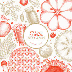 Hand Drawn Vector Autumn Illustration. Not AI Generated. Thanksgiving Background. Fall Season Cozy Mood Banner. Vintage Design Template.