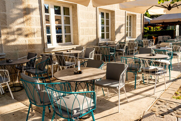 Restaurant coffee shop cafe open air terrace, cityscape Cetinje city Montenegro