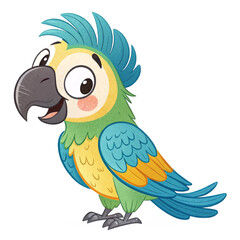 Cute cartoon parrot with colorful feathers on transparent background for tropical posters, children&rsquo;s books, zoo branding and fun stickers