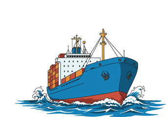 Fototapeta premium Illustration of a cargo container ship with sea waves, isolated on white background