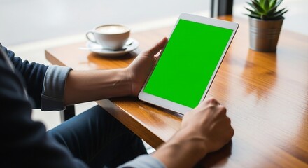 Casual man in café holding tablet with vivid green screen, coffee cup and plant on wooden table, cinematic lifestyle mockup photography for apps and e-books