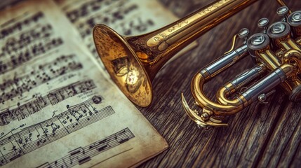 Fototapeta premium Vintage trumpet rests on aged sheet music