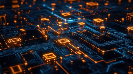 Abstract circuit board design with glowing orange and blue components