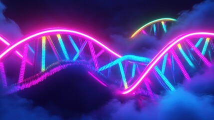 Neon DNA strands in a dark, foggy environment
