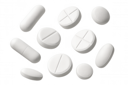 Pharmaceutical medicine pills and capsules cascading against transparent surface