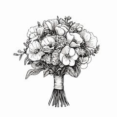 Vintage floral bouquet with ribbon, hand-drawn in ink and isolated on white. Detailed botanical vector clipart in engraving style. Perfect for wedding projects, prints, or elegant design elements.