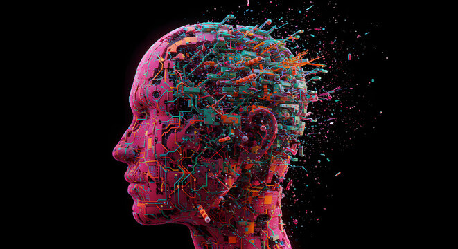 Abstract human head sculpture exploding into colorful fragments against a dark background