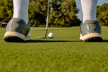 Golf putting stance on lush green course