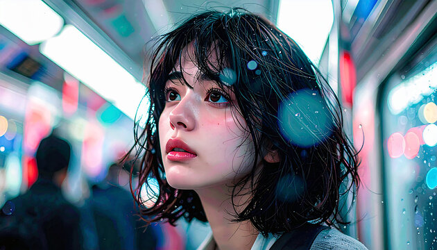 電車に乗る悩む女性