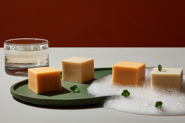Natural handmade soap bars with greenery and foam on stylish plate next to glass of water